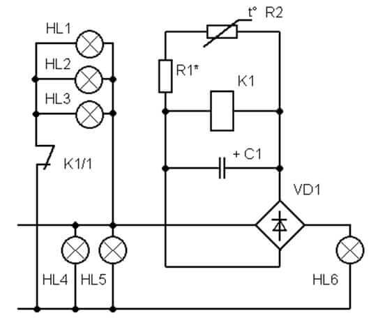 Схема управления люстрой на терморезисторе и реле